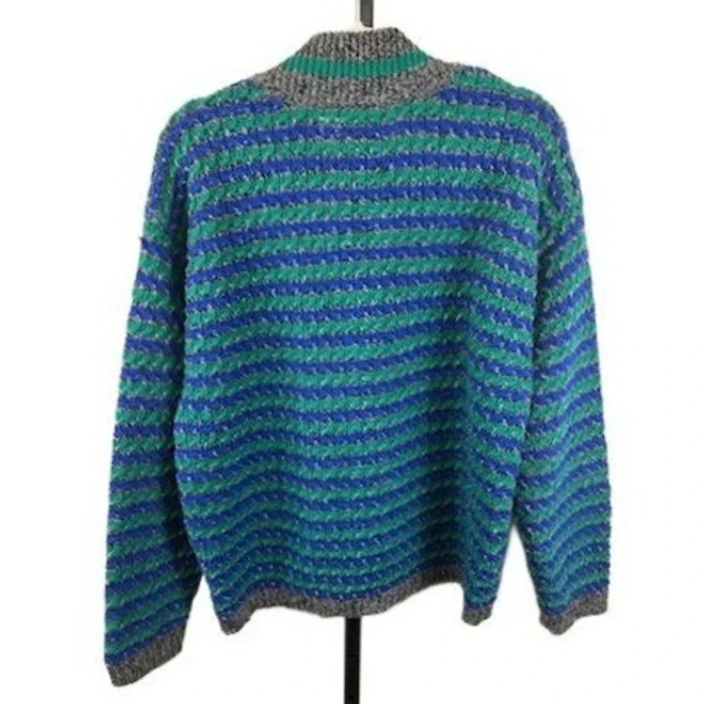 Benetton Sweater Men's Size 50 Large Blue Green Gray Striped Wool Vintage